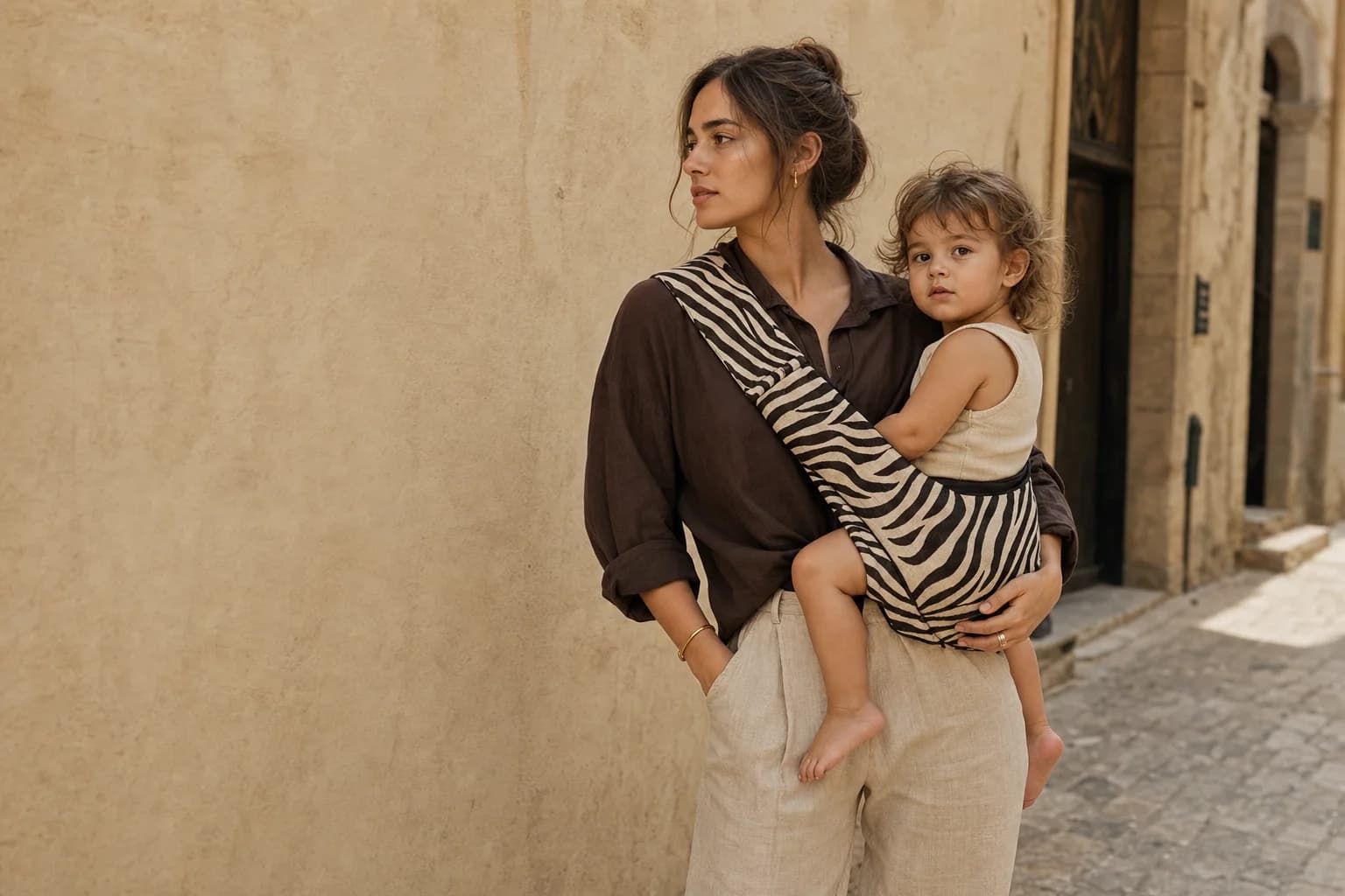 Mother carrying toddler with Hipsy one-shoulder baby carrier